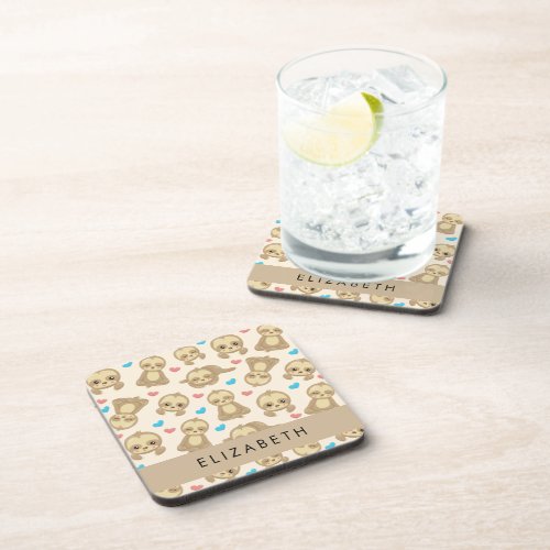 Pattern Of Sloths Cute Sloths Hearts Your Name Beverage Coaster