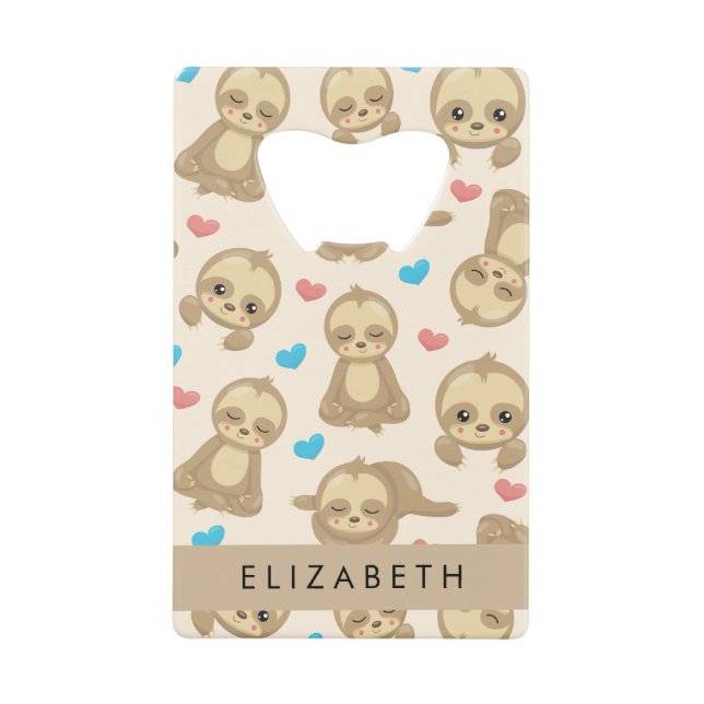 Pattern Of Sloths, Cute Sloths, Hearts, Your Name Credit Card Bottle Opener (Front)