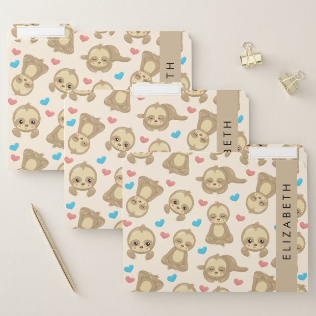 Pattern Of Sloths, Cute Sloths, Hearts, Your Name File Folder (Set)