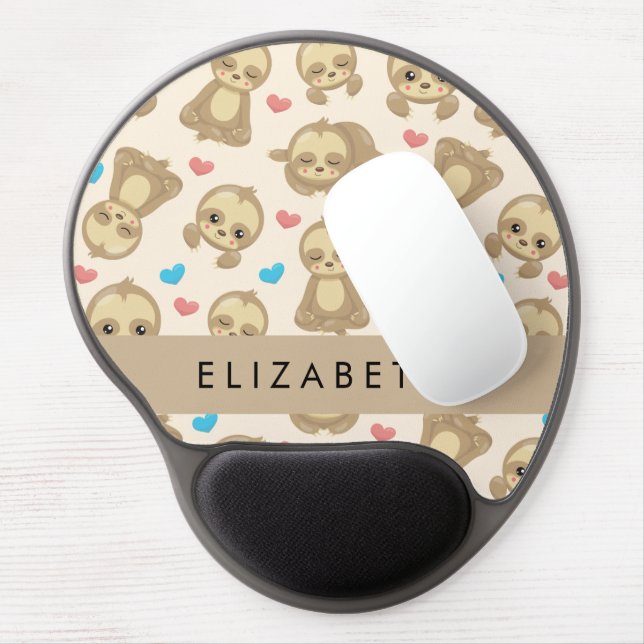 Pattern Of Sloths, Cute Sloths, Hearts, Your Name Gel Mouse Pad (Left Side)
