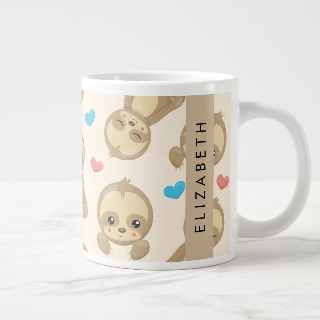 Pattern Of Sloths, Cute Sloths, Hearts, Your Name Giant Coffee Mug (Right)