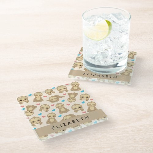 Pattern Of Sloths Cute Sloths Hearts Your Name Glass Coaster