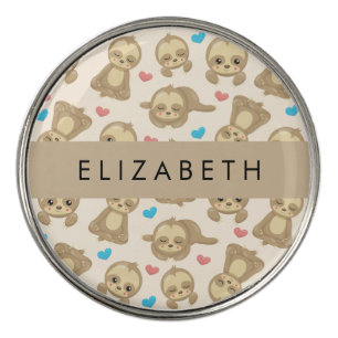 Pattern Of Sloths, Cute Sloths, Hearts, Your Name Golf Ball Marker