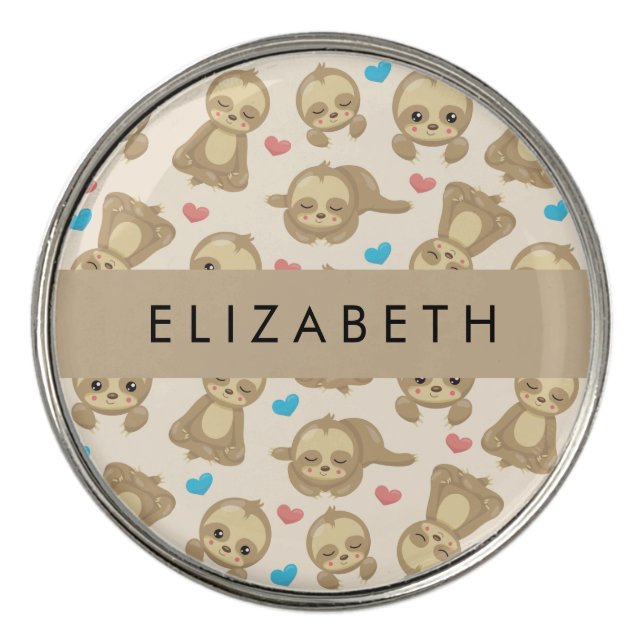Pattern Of Sloths, Cute Sloths, Hearts, Your Name Golf Ball Marker (Front)