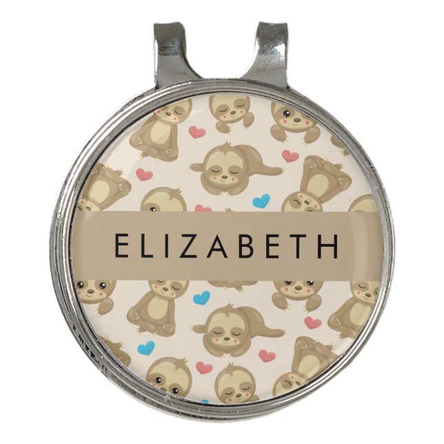Pattern Of Sloths, Cute Sloths, Hearts, Your Name Golf Hat Clip (Front)