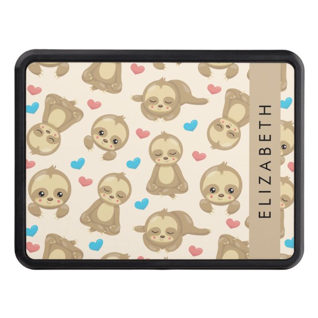 Pattern Of Sloths, Cute Sloths, Hearts, Your Name Hitch Cover (Front)