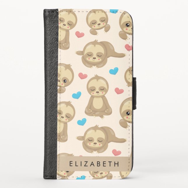 Pattern Of Sloths, Cute Sloths, Hearts, Your Name iPhone Wallet Case (Front)