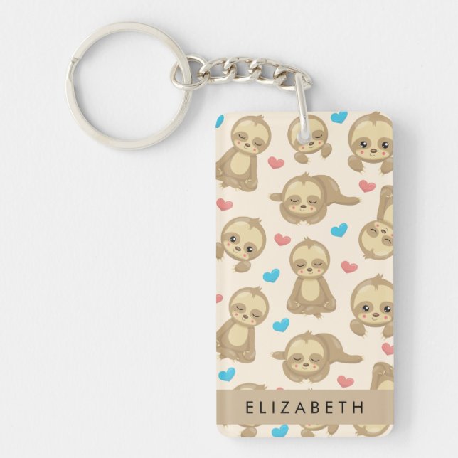 Pattern Of Sloths, Cute Sloths, Hearts, Your Name Keychain (Front)