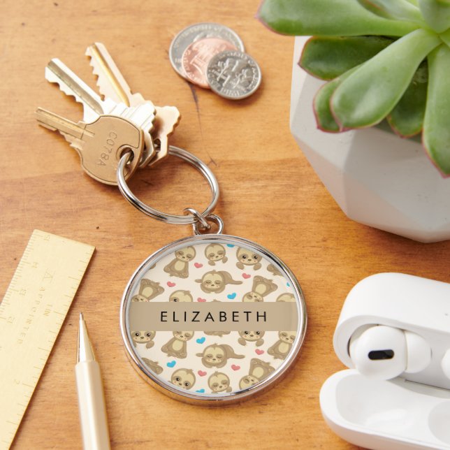 Pattern Of Sloths, Cute Sloths, Hearts, Your Name Keychain (Desk)