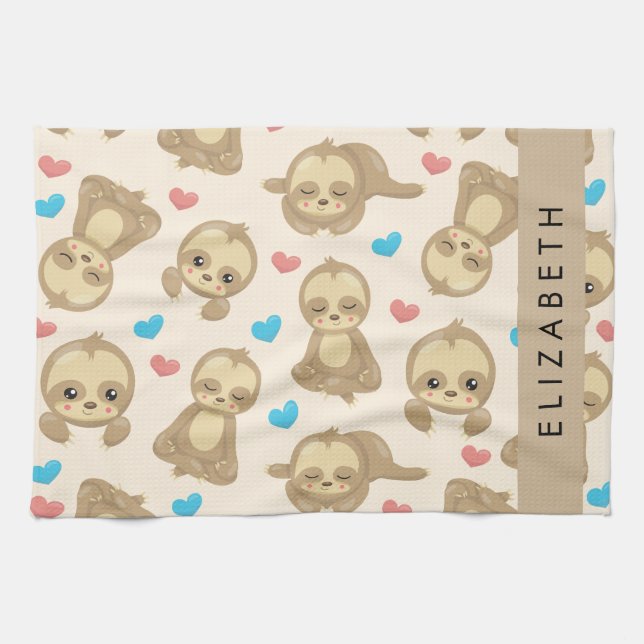 Pattern Of Sloths, Cute Sloths, Hearts, Your Name Kitchen Towel (Horizontal)