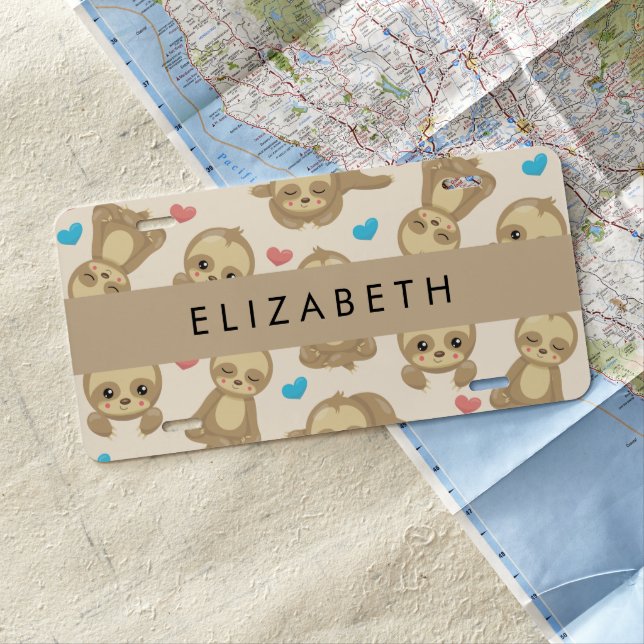 Pattern Of Sloths, Cute Sloths, Hearts, Your Name License Plate (In Situ)