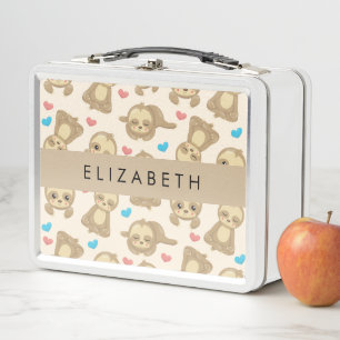 Pattern Of Sloths, Cute Sloths, Hearts, Your Name Metal Lunch Box