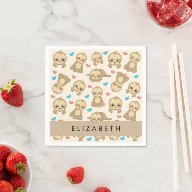 Pattern Of Sloths, Cute Sloths, Hearts, Your Name Napkins (Insitu)
