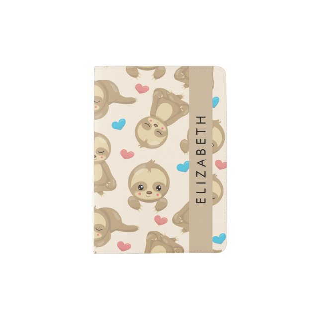 Pattern Of Sloths, Cute Sloths, Hearts, Your Name Passport Holder (Front)