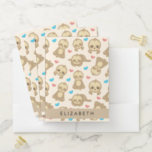 Pattern Of Sloths, Cute Sloths, Hearts, Your Name Pocket Folder