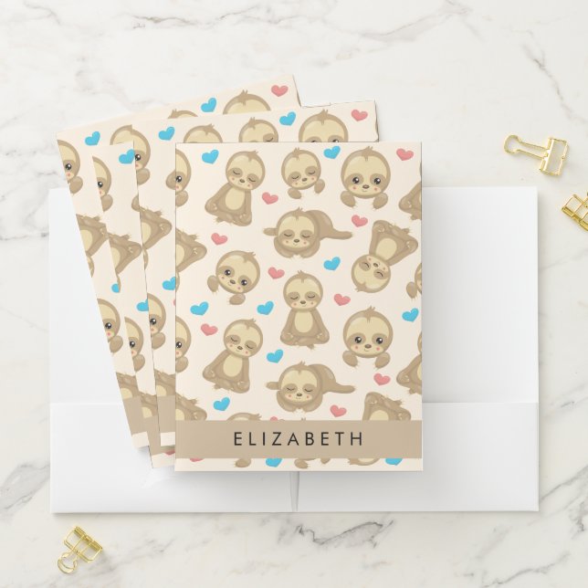 Pattern Of Sloths, Cute Sloths, Hearts, Your Name Pocket Folder (In Situ)