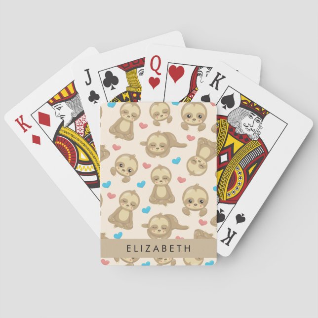 Pattern Of Sloths, Cute Sloths, Hearts, Your Name Poker Cards (Back)