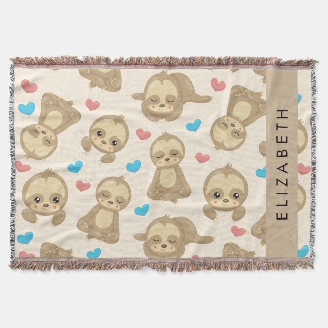 Pattern Of Sloths, Cute Sloths, Hearts, Your Name Throw Blanket (Front)