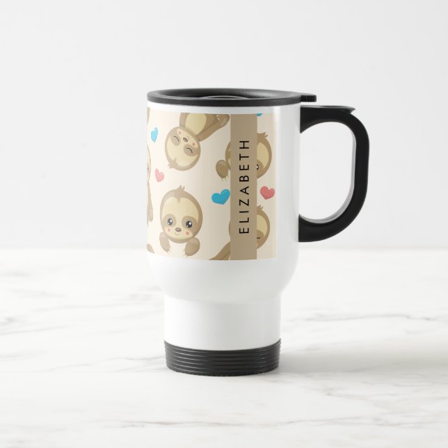 Pattern Of Sloths, Cute Sloths, Hearts, Your Name Travel Mug (Right)
