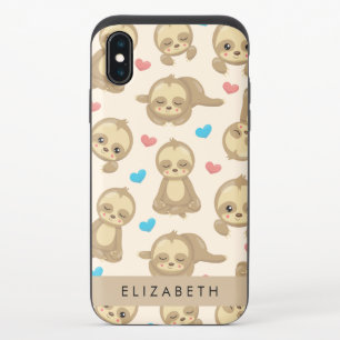Pattern Of Sloths, Cute Sloths, Hearts, Your Name iPhone X Slider Case