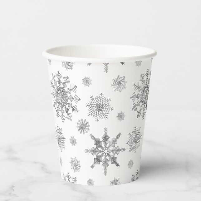 Pattern Of Snowflakes In Silver Gray Color Paper Cups (Front)
