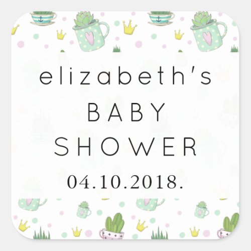 Pattern Of Succulents Cactus Crown Baby Shower Square Sticker