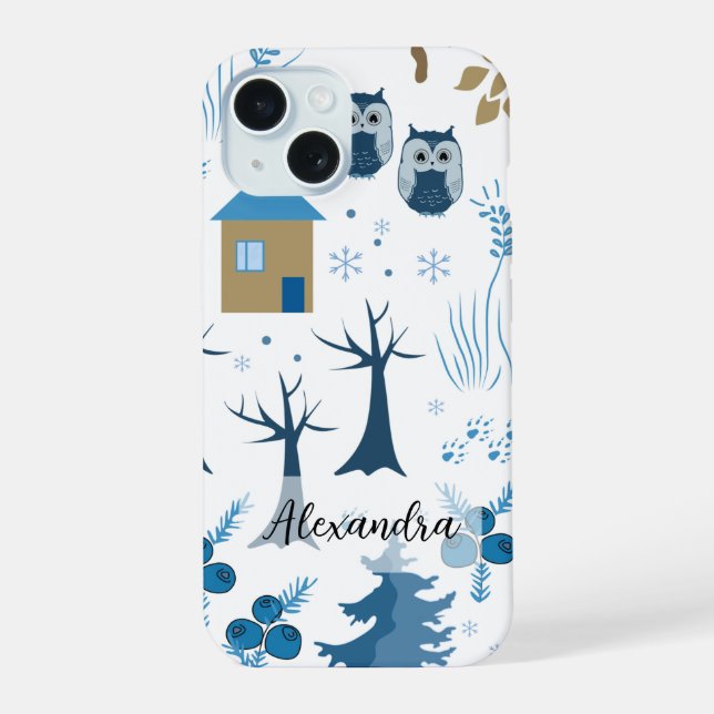 Pattern of Trees, Owls, Pine Trees and Snowflakes iPhone 15 Case (Back)
