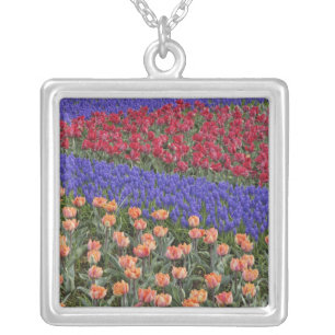 Pattern of tulips and Grape Hyacinth flowers, 3 Silver Plated Necklace