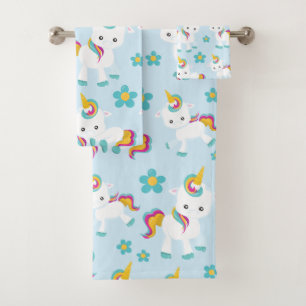 Pattern Of Unicorns, Cute Unicorns, Flowers Bath Towel Set