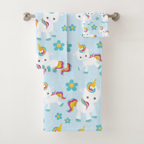 Pattern Of Unicorns Cute Unicorns Flowers Bath Towel Set