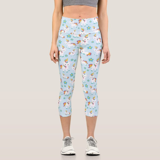 Pattern Of Unicorns, Cute Unicorns, Flowers Capri Leggings (Front)