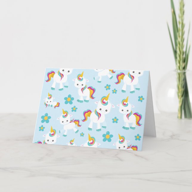 Pattern Of Unicorns, Cute Unicorns, Flowers Card (Front)