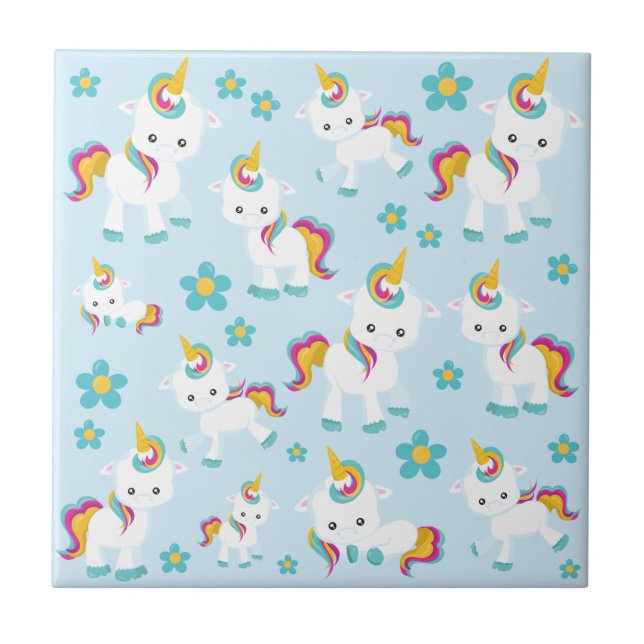 Pattern Of Unicorns, Cute Unicorns, Flowers Ceramic Tile (Front)