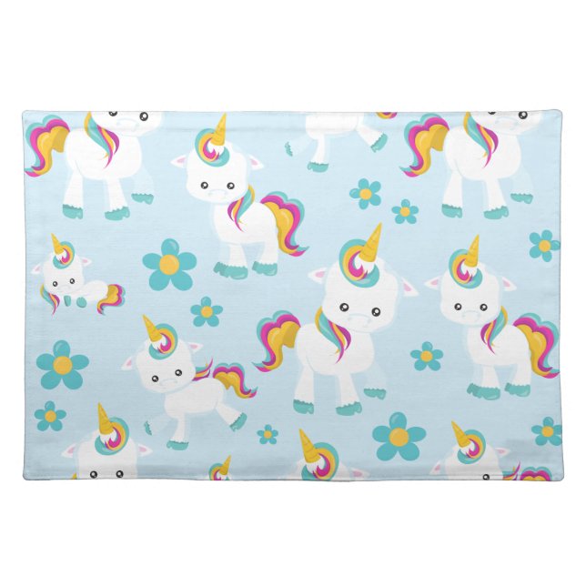 Pattern Of Unicorns, Cute Unicorns, Flowers Cloth Placemat (Front)