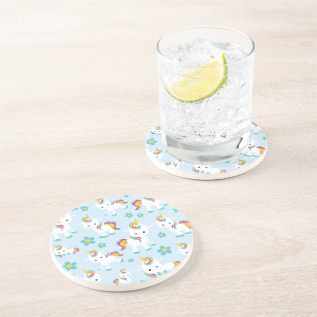 Pattern Of Unicorns, Cute Unicorns, Flowers Coaster (Side)