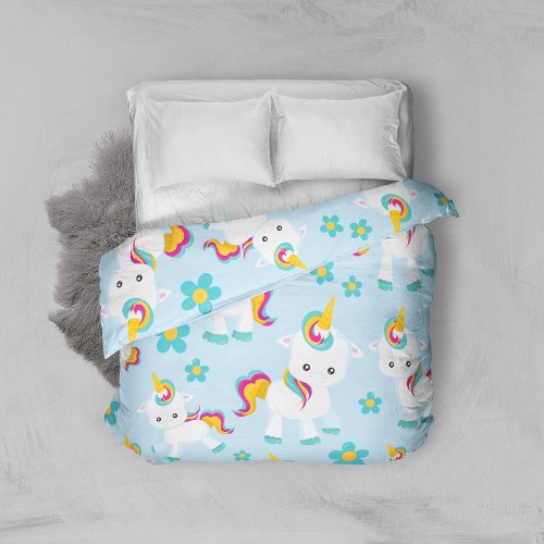 Pattern Of Unicorns Cute Unicorns Flowers Duvet Cover