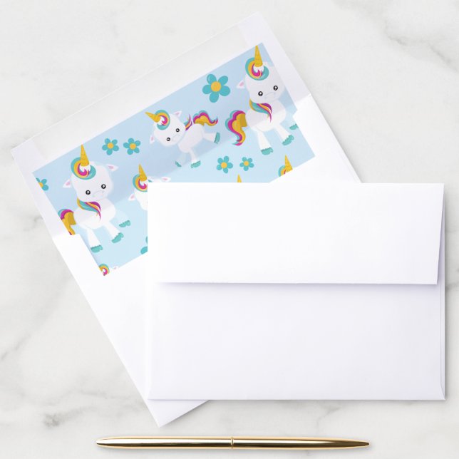 Pattern Of Unicorns, Cute Unicorns, Flowers Envelope Liner (Desk)