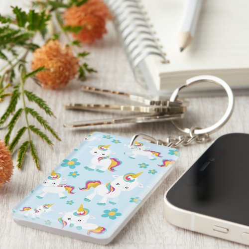 Pattern Of Unicorns Cute Unicorns Flowers Keychain