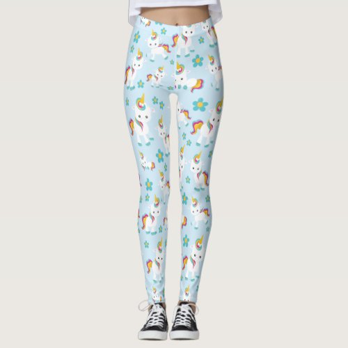 Pattern Of Unicorns Cute Unicorns Flowers Leggings