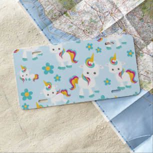 Pattern Of Unicorns, Cute Unicorns, Flowers License Plate