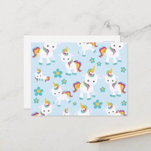 Pattern Of Unicorns Cute Unicorns Flowers Postcard