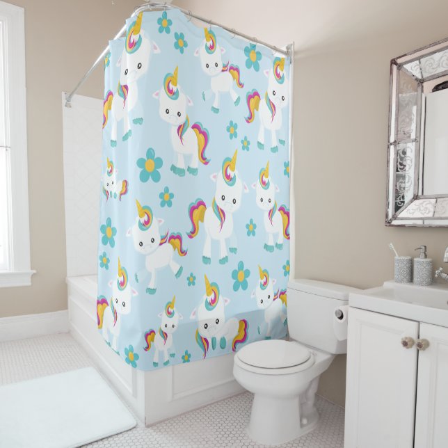 Pattern Of Unicorns, Cute Unicorns, Flowers Shower Curtain (In Situ)