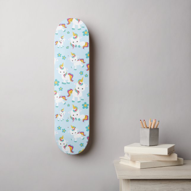 Pattern Of Unicorns, Cute Unicorns, Flowers Skateboard (Wall Art)