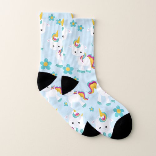 Pattern Of Unicorns Cute Unicorns Flowers Socks