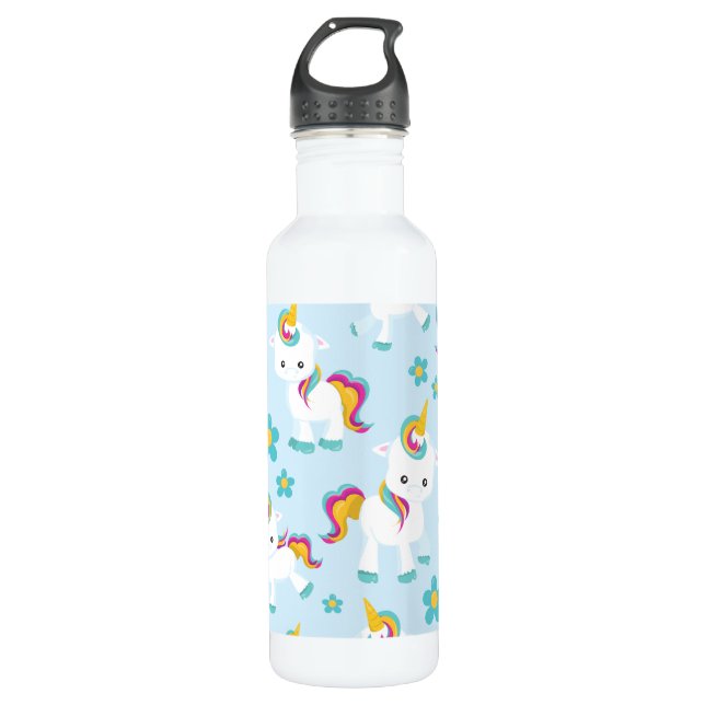 Pattern Of Unicorns, Cute Unicorns, Flowers Stainless Steel Water Bottle (Front)