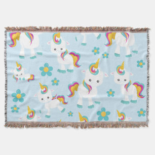 Pattern Of Unicorns, Cute Unicorns, Flowers Throw Blanket