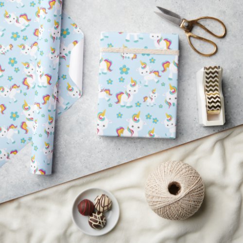 Pattern Of Unicorns Cute Unicorns Flowers Wrapping Paper