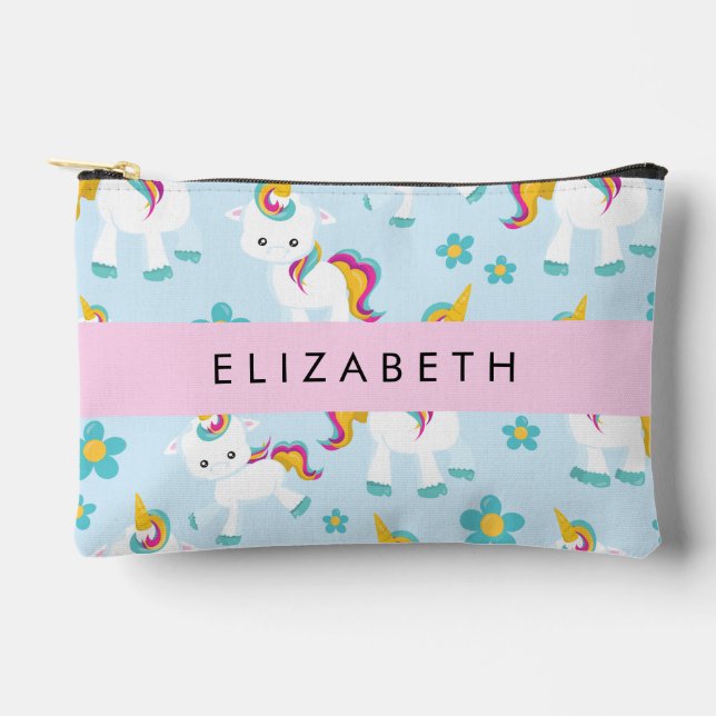 Pattern Of Unicorns, Cute Unicorns, Your Name Accessory Pouch (Front)