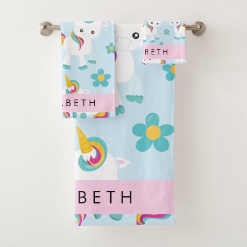 Pattern Of Unicorns Cute Unicorns Your Name Bath Towel Set