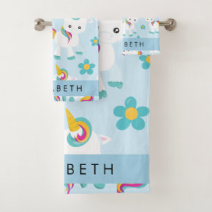 Pattern Of Unicorns, Cute Unicorns, Your Name Bath Towel Set